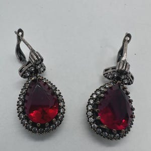 Turkish Ottoman Style Sterling Silver Earrings, Red Pear Stone, Clear Halo, Leverback