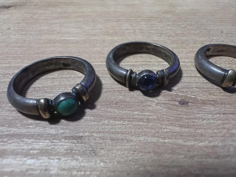Set of 4 Vintage Silver Rings with Gemstone Cabochons