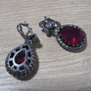 Vintage Style 925 Sterling Silver Pear Red Gemstone Dangle Earrings