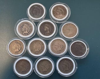 Lote de 12 moedas de um centavo Indian Head antigas (1859-1864) - Moedas de um centavo de cobre-níquel pesado, autênticas da Guerra Civil Americana.