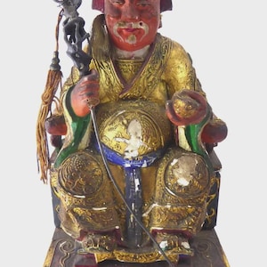 Antique Chinese Carved & Gilt Wood Temple Figure — Seated Dignitary / Civil-Official Deity, Inscribed "SW 1912"