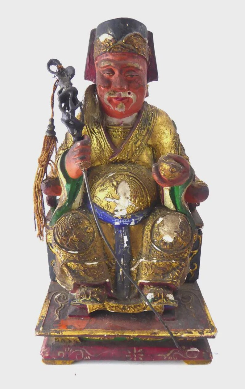 Antique Chinese Carved & Gilt Wood Temple Figure — Seated Dignitary / Civil-Official Deity, Inscribed "SW 1912"