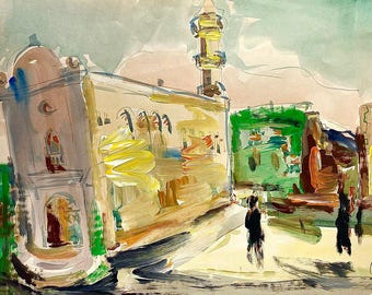 Mordechai Avniel - Técnica mixta original firmada sobre papel - Paisaje urbano - 51 x 34 cm
