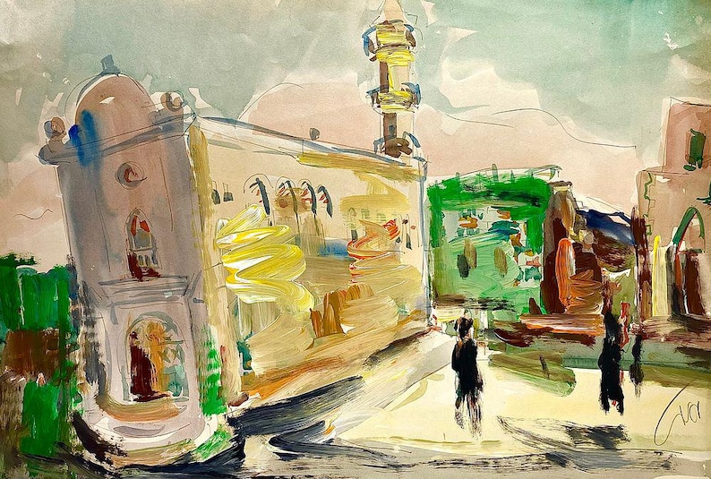 Mordechai Avniel – Original Signed Mixed Media on Paper – Cityscape – 51×34 cm