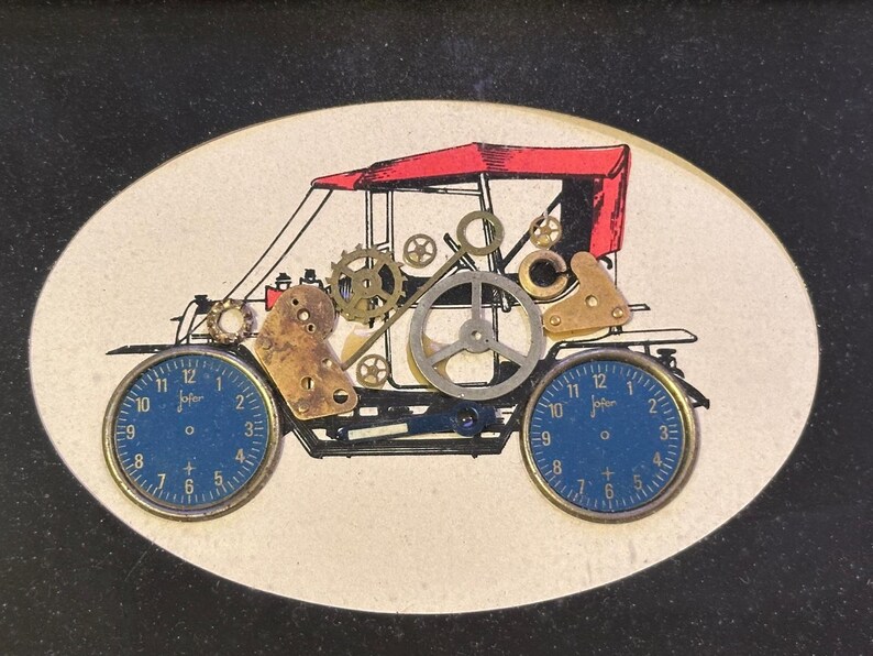 May include: An antique car illustration with clock faces for wheels and a red canopy. The car is constructed with gears and metal components, set against an oval cream background.