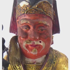 Antique Chinese Carved & Gilt Wood Temple Figure — Seated Dignitary / Civil-Official Deity, Inscribed "SW 1912"