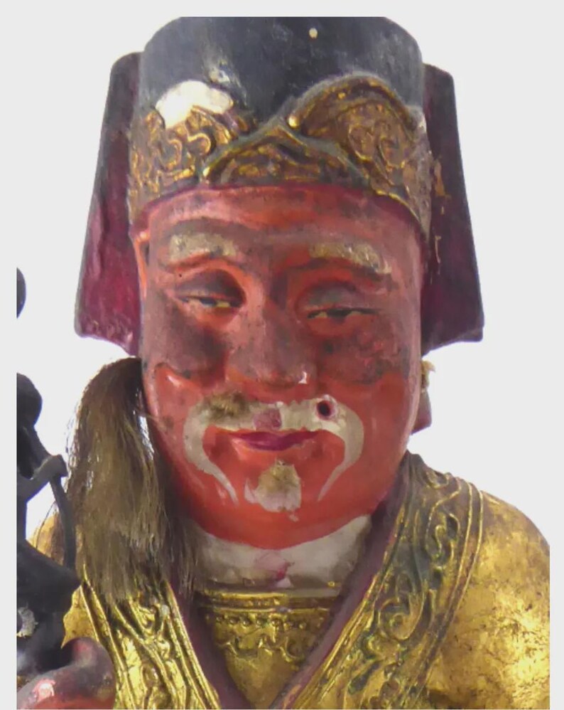 Antique Chinese Carved & Gilt Wood Temple Figure — Seated Dignitary / Civil-Official Deity, Inscribed "SW 1912"