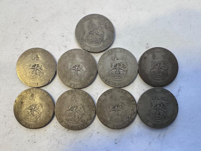 Lot of 9 UK Silver Shillings 1920s King George V 0.500 Silver Coin