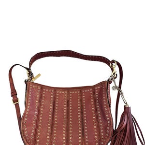 May include: A reddish-brown leather shoulder bag with gold-tone grommets and a matching tassel. The bag has a curved shape, a long adjustable strap, and a zipper closure. The bag is a stylish accessory.