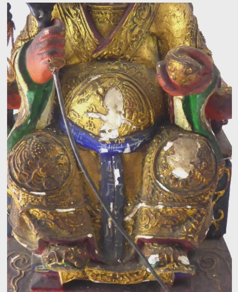 Antique Chinese Carved & Gilt Wood Temple Figure — Seated Dignitary / Civil-Official Deity, Inscribed "SW 1912"