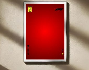 May include: A framed poster with a red gradient background. The Ferrari logo and the F1 logo are at the top. The word "FERRARI" is printed vertically on the left side, and "SF 24" is on the right side. The poster is in a white frame.