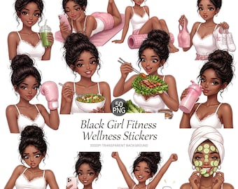 Black Girl Fitness Clipart, Melanin Wellness Stickers, African American Workout, Healthy Lifestyle