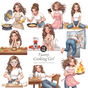 May include: A digital illustration featuring multiple images of a woman in various cooking scenarios. The scenes depict her cooking, preparing food, and interacting with kitchen appliances. The overall theme is humorous and lighthearted.