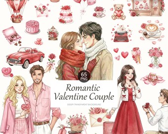 Romantic Valentine Couple Clipart, Watercolor 65 PNG Set