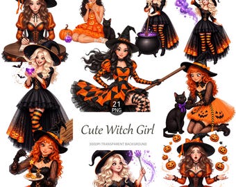 21 Halloween Witch Girl PNGs, Craft Stickers, Planner Art (Digital Download)
