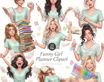 Funny Relatable Planner Girl Clipart, Chaos Coordinator, Digital Stickers, Overwhelmed Tired Woman Sublimation PNG