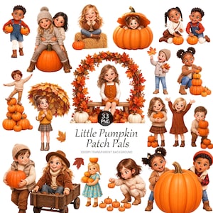 May include: A collection of digital illustrations featuring children in autumn-themed clothing interacting with pumpkins, fall foliage, and wooden wagons. The set includes various poses of children with orange pumpkins, maple leaves, and harvest decor.