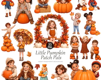 Little Pumpkin Patch Pals, Kids Fall Clipart PNG Set (33 Files)