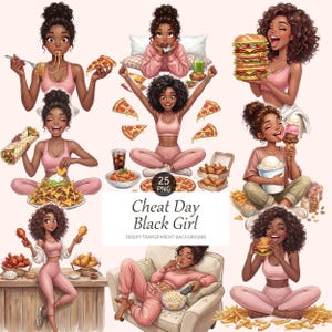Może przedstawiać: Cyfrowe ilustracje czarnoskórej kobiety zajadającej różne potrawy, w tym pizzę, hamburgery i lody. Tekst "Cheat Day Black Girl" jest również obecny. Ilustracje są na jasnym tle.
