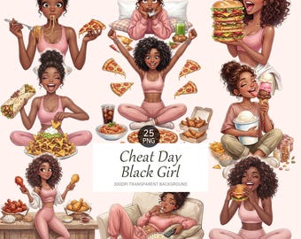 Könnte beinhalten: Digitale Illustrationen einer schwarzen Frau, die verschiedene Lebensmittel genießt, darunter Pizza, Burger und Eis. Der Text "Cheat Day Black Girl" ist ebenfalls vorhanden. Die Illustrationen sind vor einem hellen Hintergrund.