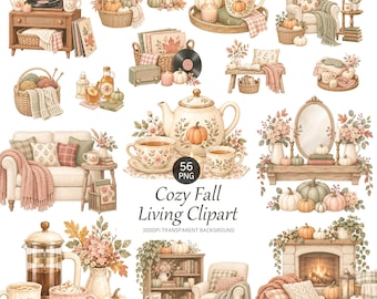 Cozy Fall Living Clipart, Autumn Home Decor Watercolor PNG Set, Fall Graphics, Commercial Use