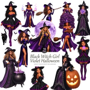 Può includere: Una collezione digitale di 16 immagini PNG con illustrazioni di streghe in abiti viola e neri, alcune con manici di scopa, calderoni, zucche e gatti. Il testo recita Black Witch Girl Violet Halloween 300DPI TRANSPARENT BACKGROUND.