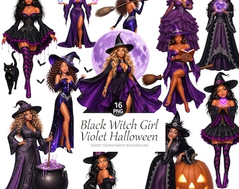 Black Witch Girl Clipart, Violet Halloween African American PNG Digital Stickers, Sublimation
