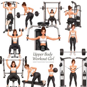 Puede incluir: Una colección de ilustraciones digitales que muestran a una persona con el cabello castaño recogido en un moño, vistiendo un top deportivo blanco y leggings negros, realizando ejercicios de tren superior con equipo de gimnasio, incluyendo el texto Upper Body Workout Girl.