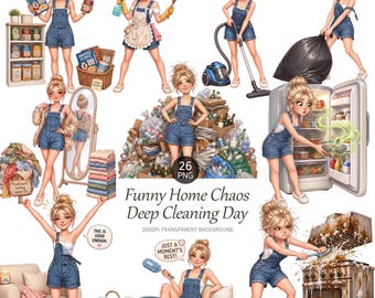 Funny Home Mess Cleaning Clipart, Deep Clean Day, House Chores, Messy Home
