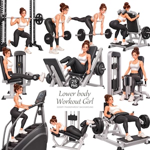 Può includere: Una collezione di 25 illustrazioni digitali di una persona con capelli castani raccolti in uno chignon, che indossa un top sportivo bianco e leggings neri, mentre esegue vari esercizi per la parte inferiore del corpo in palestra.