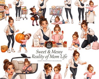 Funny Mom Life Clipart Busy Mom and Toddler PNG Mother Daughter Messy Motherhood