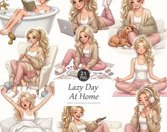 Lazy Day Clipart Set, Blonde Girl Homebody Digital Stickers, GoodNotes Stickers, Weekend Planner PNG