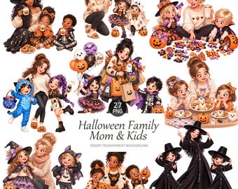 Halloween Mom & Kids Clipart Bundle, 27 PNGs, Trick-or-Treating, Costumes (Digital Download)
