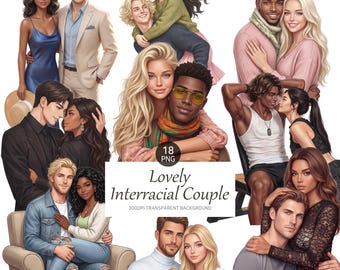 Könnte beinhalten: Eine digitale Kunstcollage mit Illustrationen verschiedener Paare in verschiedenen Umarmungen. Das Bild enthält den Text "Lovely Interracial Couple" und "18 PNG" auf transparentem Hintergrund. Die Paare werden auf romantische und liebevolle Weise dargestellt.