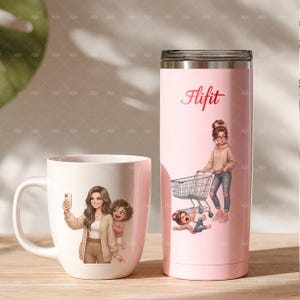 May include: A white ceramic mug and a pink insulated tumbler with illustrations of a woman and children. The mug shows a woman taking a selfie with a child. The tumbler has the word "Flifit" and a woman pushing a shopping cart with a child.