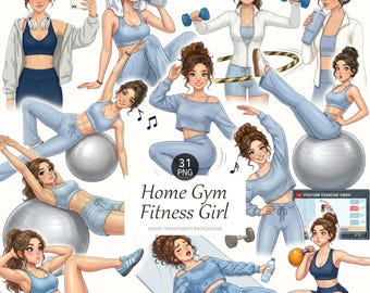 Fitness Girl Clipart: Home Gym Workout PNG Graphics (Digital Download)