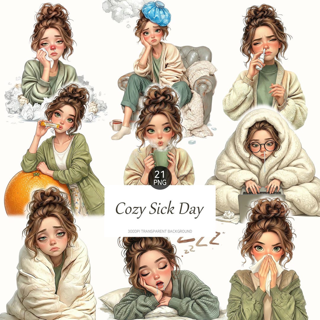 Sick Deviantart Cozy Sick Day Clipart Watercolor Cold and Flu PNG Sick Girl ...