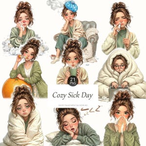 Gemütlicher Sick Day Clipart Aquarell Erkältung und Flur PNG Kraniche Illustration Planer Aufkleber