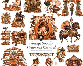 Vintage Spooky Halloween Carnival Clipart, Fairground Rides, Carnival Games, Pumpkin Ghost Kids, Fall Festival