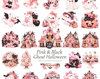 Pink & Black Ghost Halloween Clipart, Pretty Spooky PNG Bundle