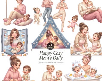 Happy Cozy Mom Life Clipart, Motherhood Daily Activities (Digital Download)