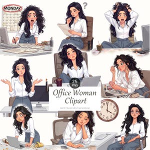 Peut inclure: Une collection d'art numérique intitulée "Office Woman Clipart" représentant une femme dans diverses situations de bureau. Les illustrations la montrent dans différents états émotionnels, portant une chemise blanche et un pantalon gris. Une horloge et un calendrier sont également visibles.