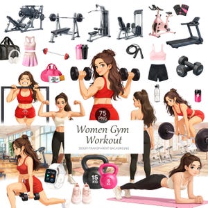 Gym Women Workout Clipart 75 Set, Fitness Characters, Gym Equipment & Studio Backgrounds (Digital Download)