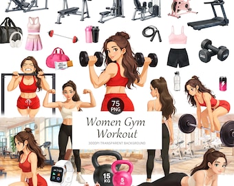 Gym Women Workout Clipart 75 Set, Fitness Characters, Gym Equipment & Studio Backgrounds (Digital Download)