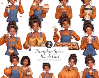 Könnte beinhalten: Eine digitale Sammlung von 19 PNG-Illustrationen, die ein schwarzes Mädchen mit hohem Dutt zeigen, das einen orangefarbenen schulterfreien Pullover und eine blaue Jeanslatzhose trägt und herbstliche Aktivitäten mit Kürbissen ausübt.