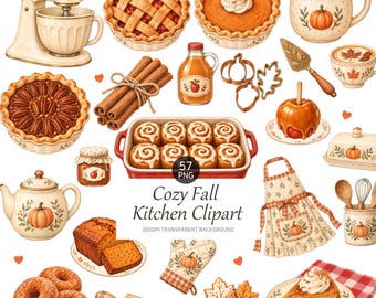 Cozy Fall Kitchen Clipart, Vintage Baking PNG Bundle