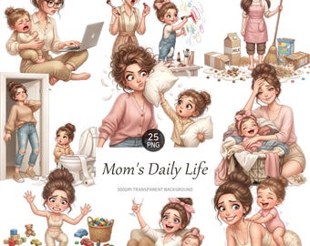 Funny Mom Daily Life Clipart, Tired Mom Illustrations, Mothers Day, for Planner Stickers