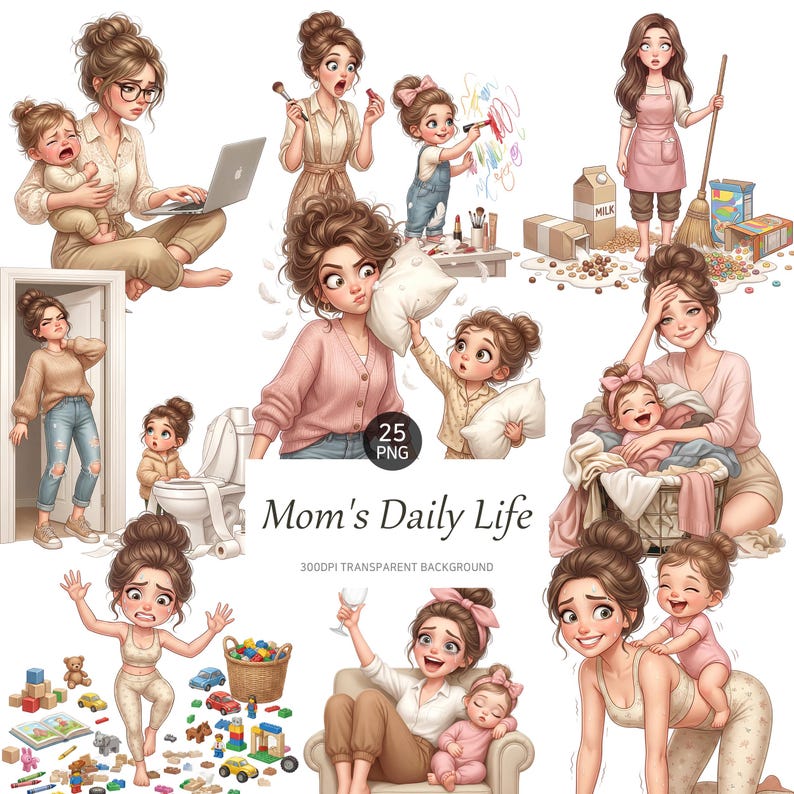 Funny Mom Daily Life Clipart, Tired Mom Illustrations, Mothers Day, for Planner Stickers image 1