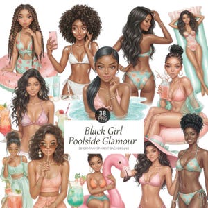 May include: Digital illustration featuring multiple Black women in swimwear, enjoying poolside activities. The image includes text that reads "Black Girl Poolside Glamour". The women are depicted with various hairstyles and skin tones, surrounded by pool floats and cocktails.