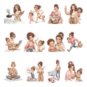 May include: A collection of digital illustrations depicting various scenes of motherhood. The images show a woman in different scenarios, such as cooking, working on a laptop, and dealing with children. The illustrations are colorful and cartoon-like.